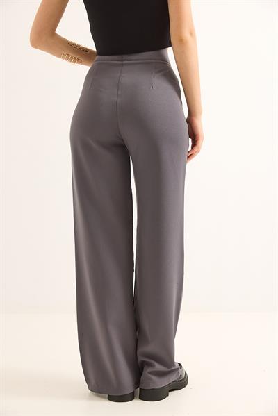 Düğme Detaylı Yüksel Bel Bol Paça Pantolon Füme