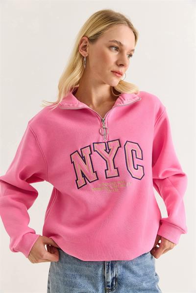 Nyc Nakışlı Fermuar Detaylı Dik Yaka Oversize Sweatshirt Pembe