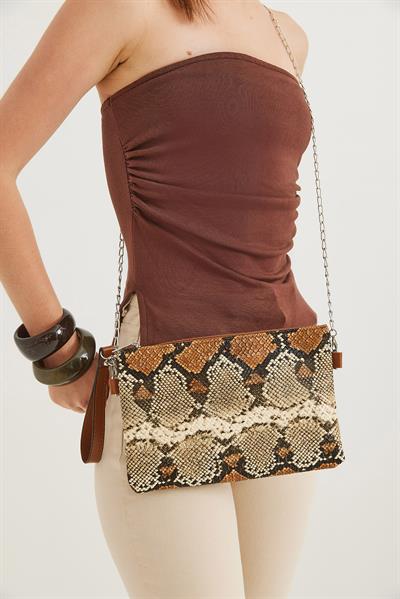 Deri Görünümlü Zincir Askılı El Ve Omuz Çantası Kahverengi