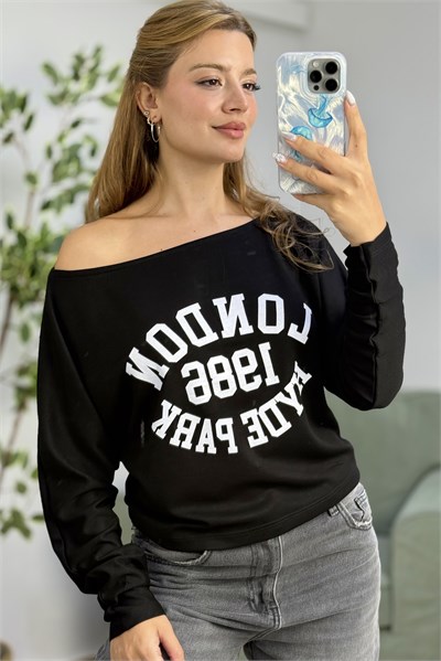 Kayık Yaka Viskon London Baskılı  Uzun Kollu Tshirt Siyah