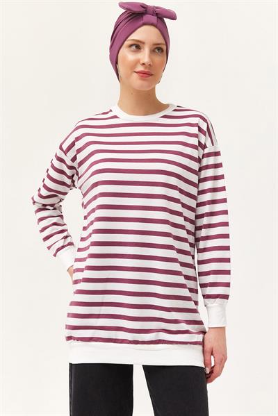 Çizgili Oversize Tunik Gül Kurusu