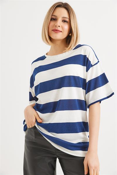 Bisiklet Yaka  Çizgili Basic Tshirt Lacivert