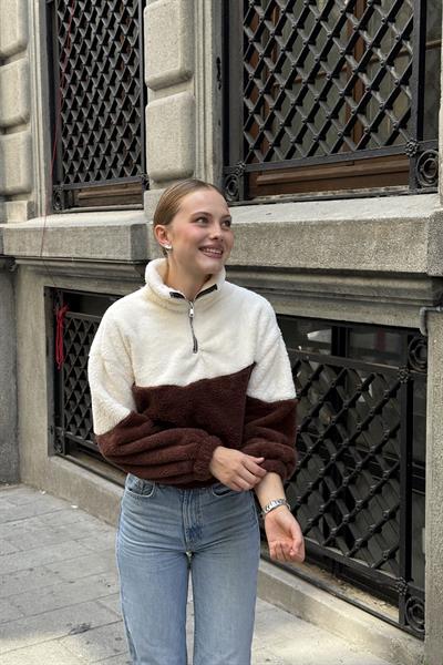 Yarım Fermuar Dik Yaka Welsoft Sweat Krem 