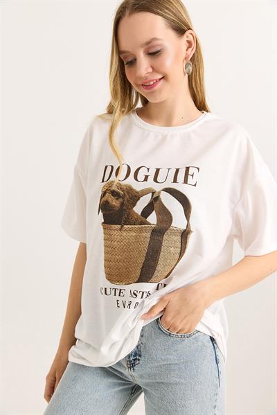 Baskılı Bisiklet Yaka Basic Tshirt Beyaz