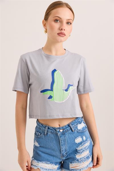 Karikatür Kuş Baskılı Pamuk Örme Crop Tshirt Gri