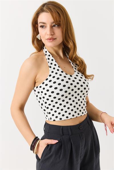 Kadın Boyundan Askılı Puantiyeli Crop Bluz Beyaz