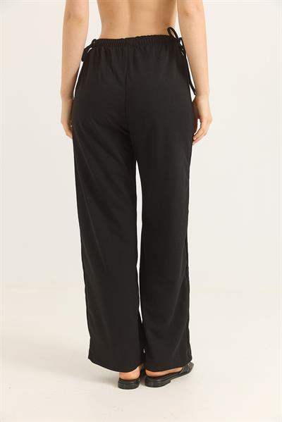 Yanları İp Detaylı Bol Paça Pantalon Siyah