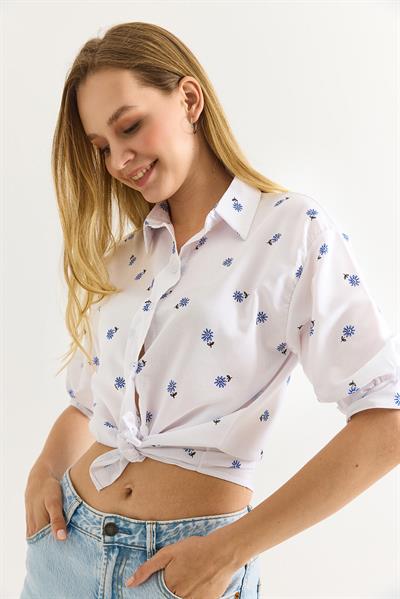 Balon Kol Desenli Kadın Gömlek Mavi Beyaz