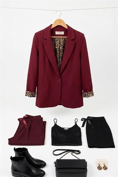 Kadın İç Astarı Leoparlı Tek Düğmeli Ceket Bordo