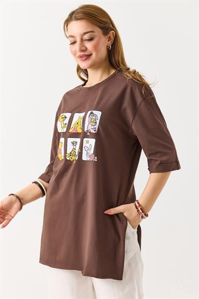 Kadın Yanı Yırtmaçlı Oversize Basic Tshirt Kahverengi