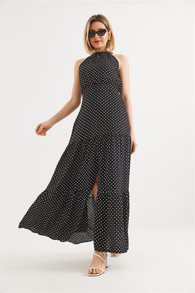 Yırtmaçlı  Beli Bağlamalı  Benek Desen Elbise  Siyah