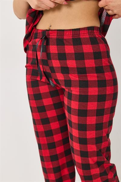 Kadın Ekoseli Pijama Takımı Kırmızı