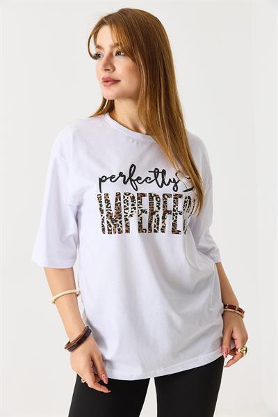 Kadın Bol Kesim Bisiklet Yaka Kısa Kol Tshirt Beyaz