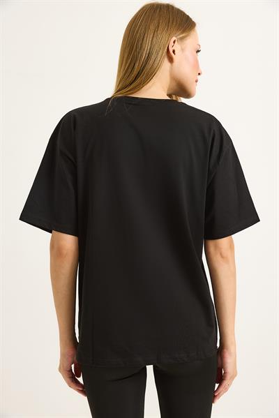 Baskılı Bisiklet Yaka Kadın Tshirt Siyah