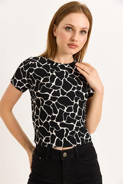 Geometrik Desen Kısa Kollu Bluz
