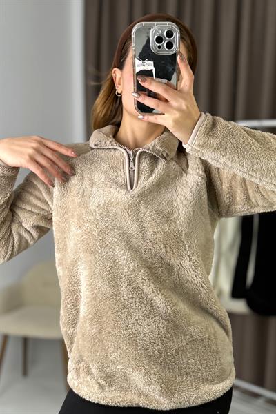 Kadın Yarım Fermuarlı  Welsoft Peluş Vizon Sweatshirt 