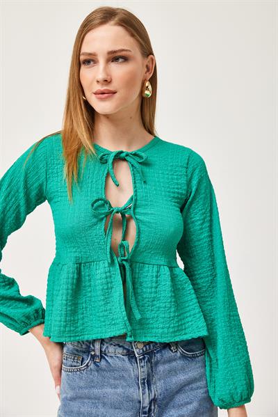 Bağlama Detaylı Esnek Örme Bluz Yeşil