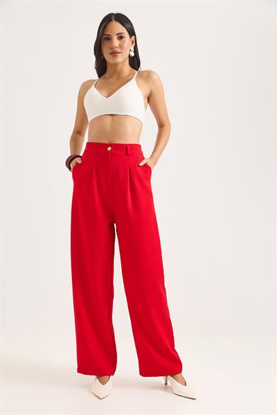 Yüksek Bel Bol Paça Pantalon Kırmızı