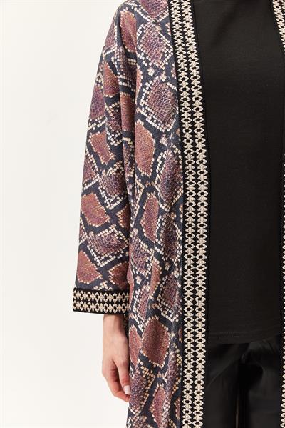 Oversize Şerit Detaylı Kimono Hırka Mürdüm