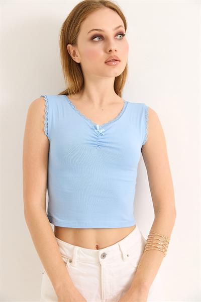 Güpürlü Büzgülü Crop Bluz Mavi