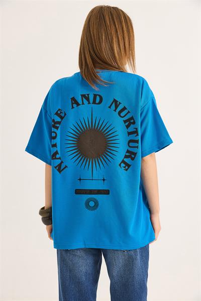 Bisiklet Yaka Kısa Kol Baskılı Tshirt Mavi