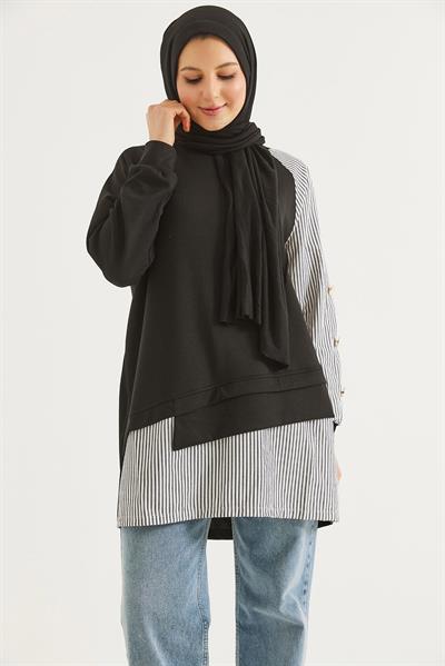 Kolu Ve Eteği Gömlek Garnili Tunik Siyah