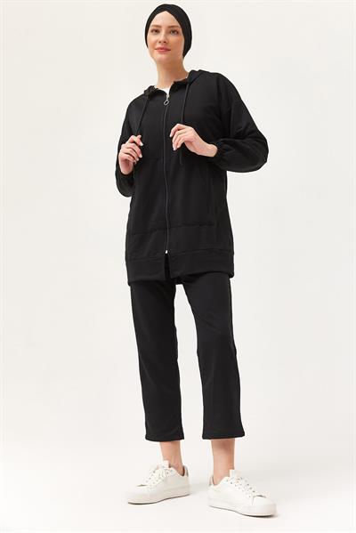 Kadın Kapüşonlu Fermuarlı İkili Takım Siyah