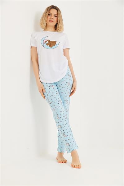 Baskılı Kısa Kol Pijama Takım Beyaz