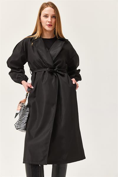 Bel Kuşaklı Oversize Trençkot Siyah