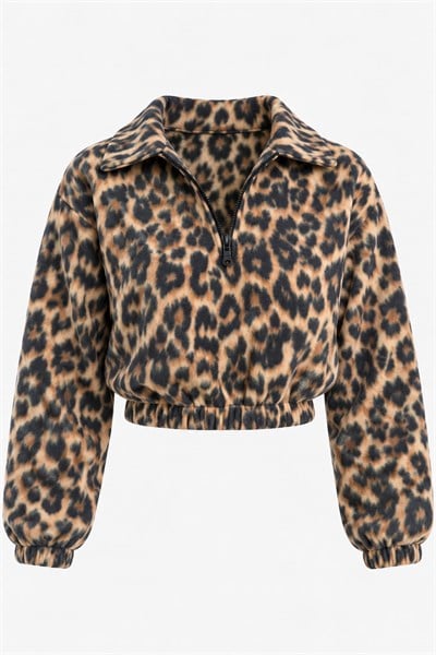 Leopar Desen Yarım Fermuarlı Polar Sweatshirt