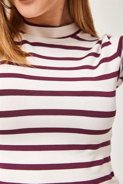 Çizgili Bisiklet Yaka Crop Bluz Mor