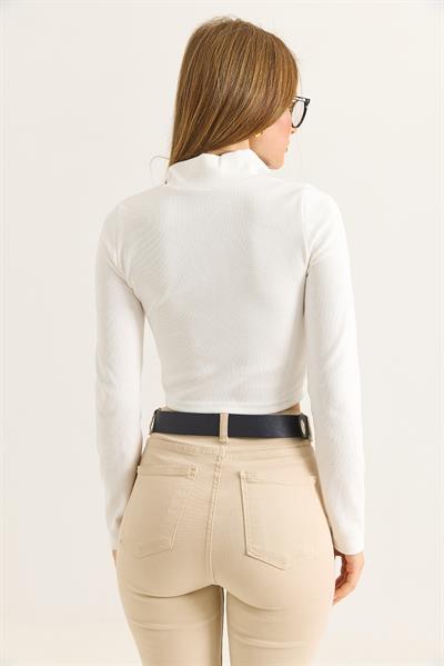 Dik Yaka Fermuarlı Crop Bluz Beyaz