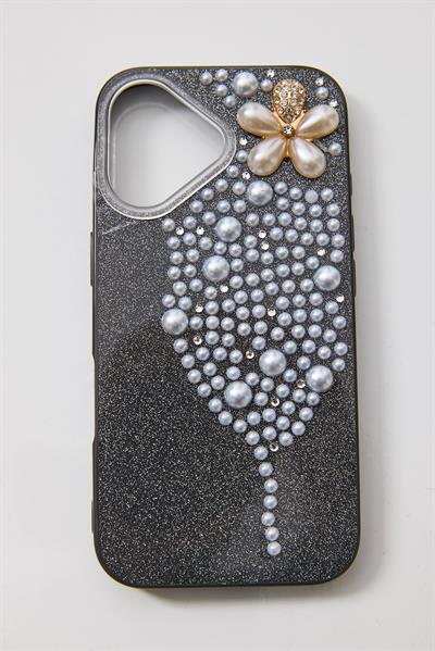 İphone 16 Uyumlu İnci ve Glitter Detaylı Kılıf  Siyah