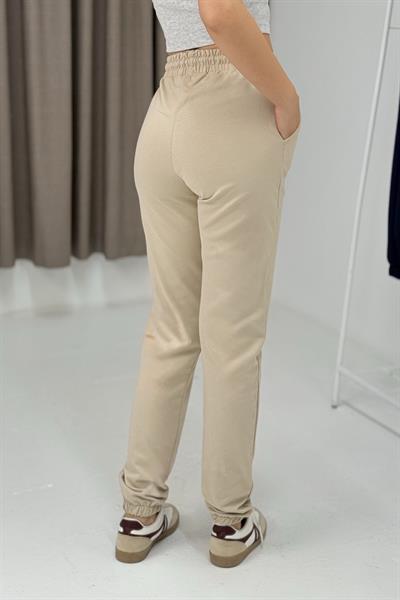 Kadın İki İplik Paçası Lastikli Eşofman Altı Bej