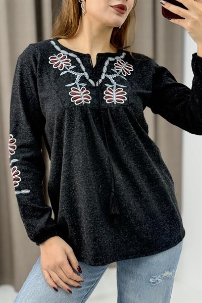 Kadın Antrasit Triko Etnik Çiçek Nakışlı Kazak