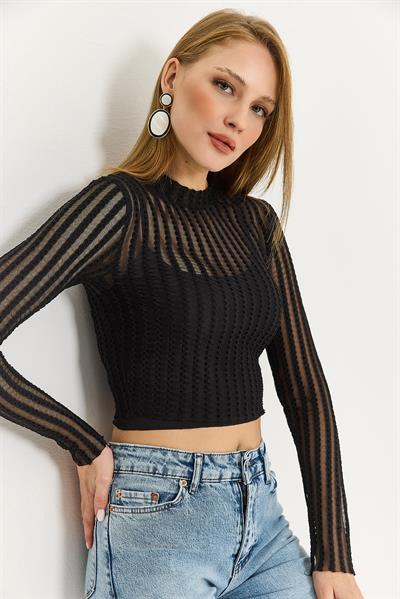 Kadın İkili İçi Askılı Crop Uzun Kollu Şifon Bluz Siyah