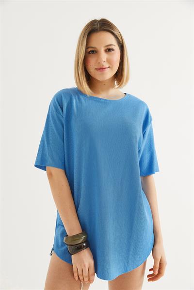 Bisiklet Yaka  Kısa Kol Basic Tshirt Mavi