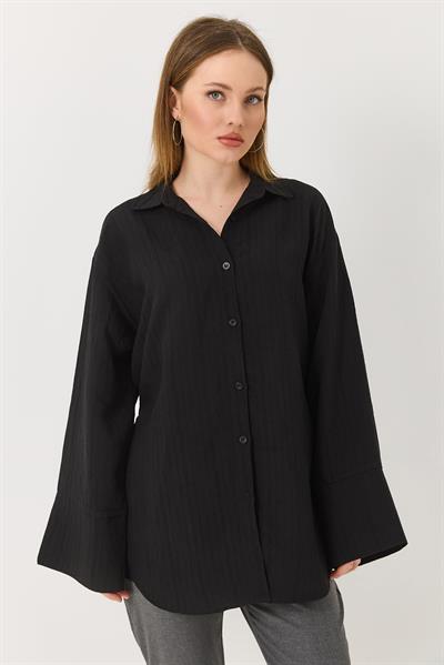 Kadın Siyah Oversize İnce Kemerli İspanyol Kol Yumuşak Keten Gömlek