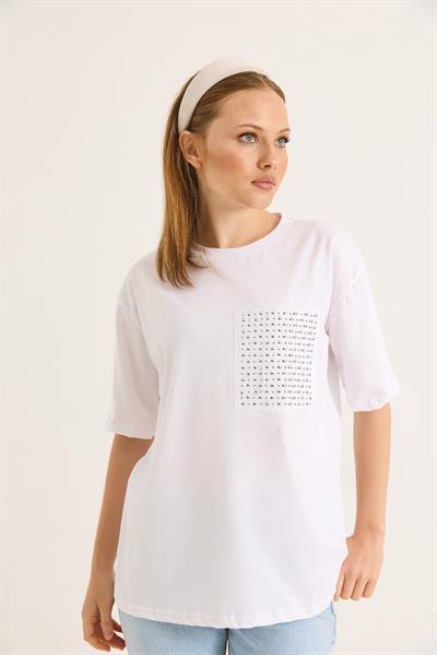 Bisiklet Yaka Taş Detaylı Cepli Tshirt Beyaz