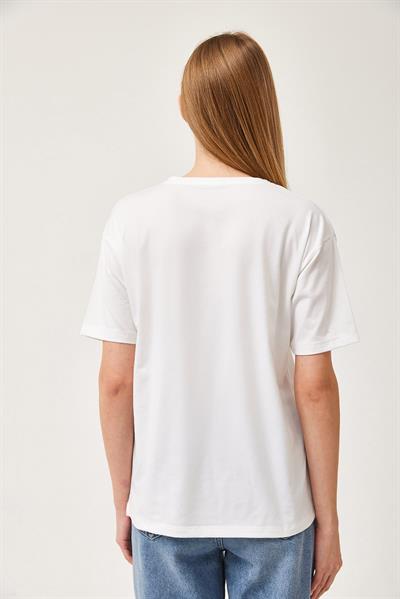 Kuş Baskılı Taş Detaylı Tshirt Ekru