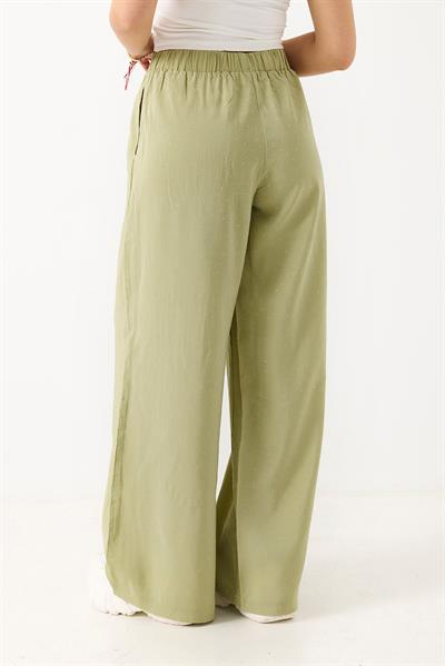 Kadın Taş Detaylı Bol Kesim Keten Görünümlü Pantolon Yeşil