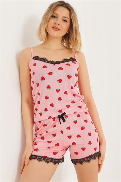 Dantel Detaylı Şortlu Pijama Takımı Pembe