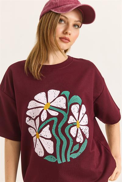 Baskılı Bisiklet Yaka Tshirt Bordo