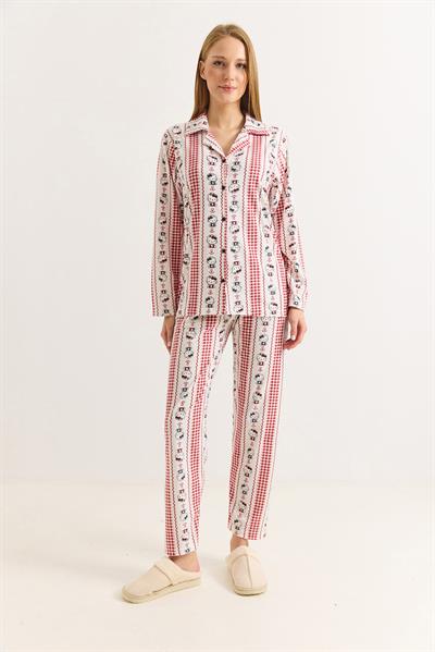 Kadın Pamuklu Polo Yaka Hello Kitty Baskılı  Pijama Takımı