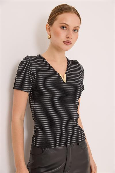 Yaka Detaylı Kaşkorse Çizgili Örme Bluz Siyah