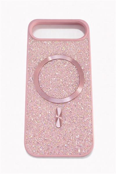 İphone 17 Air Uyumlu Parlak ve Taşlı Kart Bölümlü Kılıf Pembe