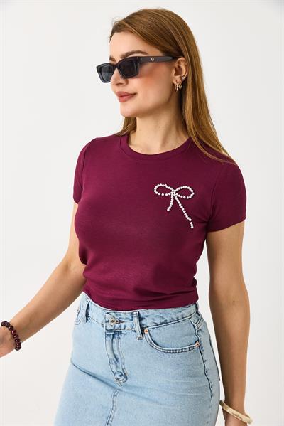 Kadın İnci Fiyonklu Bisiklet Yaka Crop Bluz Bordo
