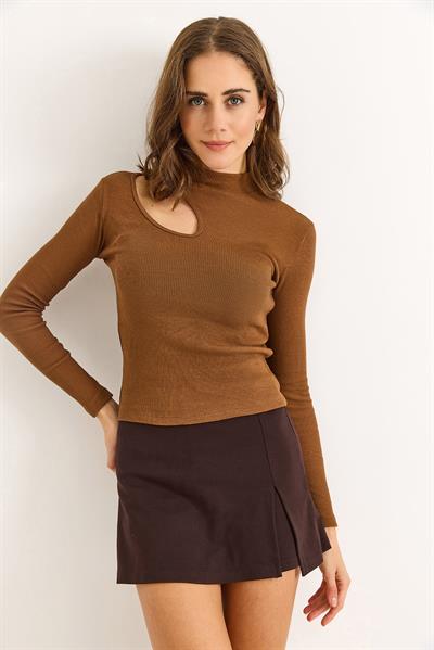 Kadın Fitilli Pencereli Balıkçı Yaka Bluz Kahverengi