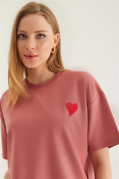 Bisiklet Yaka  Kısa Kol Basic Tshirt Pudra