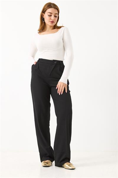 Kadın Çapraz Düğmeli Yüksek Bel Kumaş Pantolon Siyah
